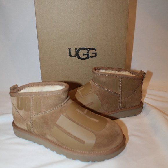 NIB UGG WOMEN'S ULTRA MINI LOGO SUEDE SHEARLING LINED CHESTNUT BOOTS 7 - Picture 3 of 7